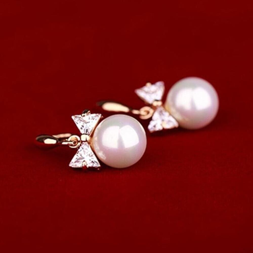 White‎ Faux Pearl Flash Diamond Bow Earrings Dangly Elegant Boho Classic Chic - Picture 2 of 6